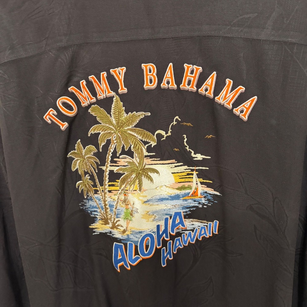 Tommy Bahama Mens 2XT Black Silk Aloha Hawaii Embroidered Camp Shirt Jacquard - Picture 7 of 7